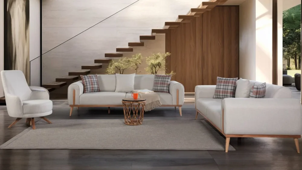 Helles Wohnzimmer mit Devarel Living Sofa-Garnitur in Cremeweiß und Holzbeinen