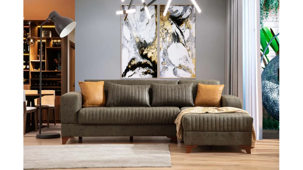 Devarel Living Kollektion — Olivgrüne Ecksofa-Garnitur in modernem Wohnzimmer